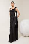 Libas Cafe by Nidhi & Ashish_Black Satin Sweetheart Neck Sculpted Cutout Corset And Pre-draped Saree Set _Online_at_Aza_Fashions