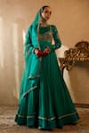 Buy_Libas Cafe by Nidhi & Ashish_Green Crepe, Organza Embroidery, Machine Full Sleeve Anarkali And Dupatta Set _at_Aza_Fashions
