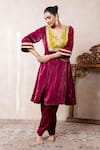 Shop_Libas Cafe by Nidhi & Ashish_Wine Satin, Organza Embroidery V-neck Choga Kurta And Salwar Set _at_Aza_Fashions