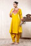 Shop_Libas Cafe by Nidhi & Ashish_Yellow Satin, Organza Embroidery, Metallic Thread Scoop Choga Kurta And Salwar Set _at_Aza_Fashions