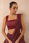 Libas Cafe by Nidhi & Ashish_Maroon Mesh, Lycra, Crepe Embroidery, Sequins, Zari Hand Draped Lehenga Set _Online_at_Aza_Fashions