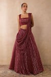 Shop_Libas Cafe by Nidhi & Ashish_Maroon Mesh, Lycra, Crepe Embroidery, Sequins, Zari Hand Draped Lehenga Set _at_Aza_Fashions