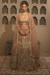 Buy_Libas Cafe by Nidhi & Ashish_Peach Net Zari, Sequins, Embroidery Square Neck Hand Lehenga Set _at_Aza_Fashions