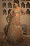 Buy_Libas Cafe by Nidhi & Ashish_Peach Net Zari, Sequins, Embroidery Square Neck Hand Lehenga Set _Online_at_Aza_Fashions