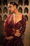 Libas Cafe by Nidhi & Ashish_Maroon Net Sequins, Embroidery Sweetheart Neck Hand Embellished Lehenga Set _at_Aza_Fashions