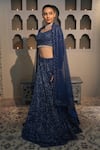 Shop_Libas Cafe by Nidhi & Ashish_Navy Net Embroidery, Sequins, Stones V-neck Hand Lehenga Set _at_Aza_Fashions
