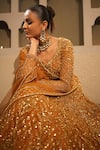 Buy_Libas Cafe by Nidhi & Ashish_Gold Net Embroidery, Sequins, Zari Scoop Neck Hand Lehenga Set _Online_at_Aza_Fashions