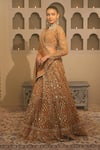 Shop_Libas Cafe by Nidhi & Ashish_Gold Net Embroidery, Sequins, Zari Scoop Neck Hand Lehenga Set _Online_at_Aza_Fashions