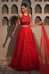 Buy_Libas Cafe by Nidhi & Ashish_Red Net Embroidery, Sequins Halter Neck Tonal Hand Lehenga Set _at_Aza_Fashions