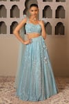 Buy_Libas Cafe by Nidhi & Ashish_Aqua Net, Lycra Sequins, Embroidery, Beads, Feathers Draped Blouse And Lehenga Set _at_Aza_Fashions