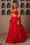 Shop_Libas Cafe by Nidhi & Ashish_Red Crepe, Net Embroidery, Cut Work Halter Neck Blouse And Solid Lehenga Set _at_Aza_Fashions