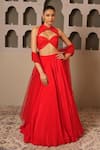 Libas Cafe by Nidhi & Ashish_Red Crepe, Net Embroidery, Cut Work Halter Neck Blouse And Solid Lehenga Set _Online_at_Aza_Fashions