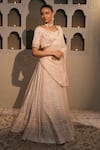 Shop_Libas Cafe by Nidhi & Ashish_Peach Georgette Embroidery, Sequins, Stones V-neck Lucknowi Floral Lehenga Set _at_Aza_Fashions