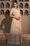 Buy_Libas Cafe by Nidhi & Ashish_Peach Georgette Embroidery, Sequins, Stones V-neck Lucknowi Floral Lehenga Set _Online_at_Aza_Fashions