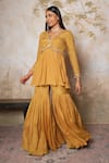 Buy_Libas Cafe by Nidhi & Ashish_Mustard Crepe Embroidery, Sequins V-neck Hand Kurta And Gharara Set _at_Aza_Fashions