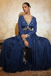 Libas Cafe by Nidhi & Ashish_Navy Crepe Embroidery, Sequins V-neck Hand Kurta And Gharara Set _Online_at_Aza_Fashions