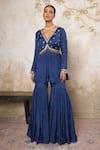 Buy_Libas Cafe by Nidhi & Ashish_Navy Crepe Embroidery, Sequins V-neck Hand Kurta And Gharara Set _at_Aza_Fashions