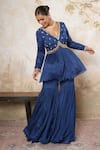 Shop_Libas Cafe by Nidhi & Ashish_Navy Crepe Embroidery, Sequins V-neck Hand Kurta And Gharara Set _at_Aza_Fashions