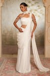 Shop_Libas Cafe by Nidhi & Ashish_Off White Crepe Embroidery, Pearls Sweetheart Neck, Hand Pre-draped Saree Set _at_Aza_Fashions
