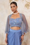 Libas Cafe by Nidhi & Ashish_Blue Satin, Net Embroidery, Beads, Sequins Hand Sheer Cape And Draped Dhoti Set _Online_at_Aza_Fashions