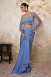 Shop_Libas Cafe by Nidhi & Ashish_Blue Satin, Net Embroidery, Beads, Sequins Hand Sheer Cape And Draped Dhoti Set _at_Aza_Fashions