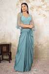 Buy_Libas Cafe by Nidhi & Ashish_Green Satin, Net Embroidery Open Neck, Hand Cape, Blouse And Draped Skirt Set _at_Aza_Fashions