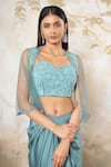 Shop_Libas Cafe by Nidhi & Ashish_Green Satin, Net Embroidery Open Neck, Hand Cape, Blouse And Draped Skirt Set _at_Aza_Fashions