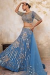 Shop_Libas Cafe by Nidhi & Ashish_Blue Crepe, Net Sequins, Embroidery, Zari, Striped And Floral Lehenga Set _at_Aza_Fashions