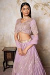 Shop_Libas Cafe by Nidhi & Ashish_Lilac Crepe, Net Embroidery, Sequins, Zari, Beads Striped And Floral Lehenga Set _at_Aza_Fashions