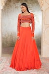 Shop_Libas Cafe by Nidhi & Ashish_Orange Crepe, Net Embroidery, Beads, Sequins Square Neck Hand And Lehenga Set _at_Aza_Fashions