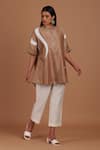 Buy_Sandhya Shah_Brown Chanderi Embroidery Mandarin Collar Hazel Delight Top With Pant _at_Aza_Fashions