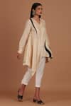 Buy_Sandhya Shah_Cream Chanderi Embroidery, Ruffles V-neck Latte Top With Pant _at_Aza_Fashions