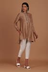 Buy_Sandhya Shah_Brown Chanderi Embroidery, Mirrors Mandarin Collar Coffee Cream Tunic With Pant _at_Aza_Fashions