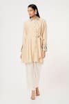 Buy_Sandhya Shah_Beige Chanderi Zari, Embroidery Collared Pleated Tunic With Pant _at_Aza_Fashions