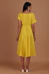 Shop_Sandhya Shah_Yellow Chanderi Applique, Embroidery Boat Neck Contrast Tape Pattern Dress _at_Aza_Fashions