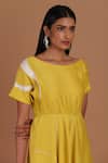 Buy_Sandhya Shah_Yellow Chanderi Applique, Embroidery Boat Neck Contrast Tape Pattern Dress _Online_at_Aza_Fashions