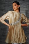 Sandhya Shah_Beige Chanderi Mirrors Mandarin Collar Leather Work Tunic With Pant _Online_at_Aza_Fashions
