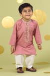 Vivedkids_Pink Cotton Embroidery, Beads, Metallic Handwork Neckline Kurta And Pant Set _Online_at_Aza_Fashions