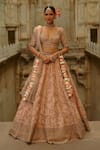 Buy_Nitika Gujral_Peach Silk, Net Embroidery, Sequins, Beads V-neck Raw Bridal Lehenga Set _at_Aza_Fashions