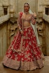 Shop_Nitika Gujral_Red Silk, Net Beads, Zari, Sequins, Stones, Embroidery Raw Bridal Lehenga Set _at_Aza_Fashions