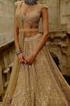 Nitika Gujral_Gold Net Crystals, Beads, Sequins, Embroidery Sweetheart Neck Bridal Lehenga Set _at_Aza_Fashions