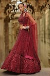 Nitika Gujral_Burgundy Net Beads, Sequins, Cut Work, Embroidery Halter Embellished Lehenga Set _at_Aza_Fashions