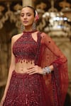 Buy_Nitika Gujral_Burgundy Net Beads, Sequins, Cut Work, Embroidery Halter Embellished Lehenga Set 