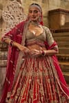 Shop_Nitika Gujral_Red Silk, Organza Zari, Embroidery, Stones, Beads Maroon Raw Bridal Lehenga Set _Online_at_Aza_Fashions
