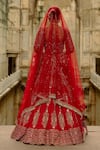 Nitika Gujral_Red Silk, Net Embroidery, Crystals, Pearls, Zari, Hand Bridal Lehenga Set _Online_at_Aza_Fashions