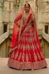 Buy_Nitika Gujral_Red Silk, Net Embroidery, Zari, Stones, Pearls, Hand Bridal Lehenga Set _at_Aza_Fashions