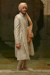 Nitika Gujral_Ivory Taffeta, Silk, Tussar Embroidery, Beads Jaal Sherwani Set _at_Aza_Fashions