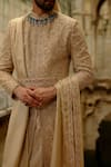 Nitika Gujral_Gold Silk, Tissue, Cotton Beads, Zari, Stones, Embroidery Tonal Sherwani Set _at_Aza_Fashions