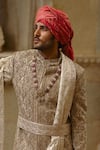 Buy_Nitika Gujral_Gold Brocade, Cotton, Silk Embroidery, Metallic Floral Jaal Work Sherwani Set _Online_at_Aza_Fashions