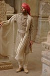 Buy_Nitika Gujral_Gold Brocade, Cotton Satin, Cotton, Silk, Floral Jaal Work Sherwani Set _at_Aza_Fashions